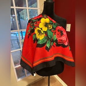 Red Floral Scarf Shawl Wrap Bold Bright Colors 33x33 Polyester Square Roses
